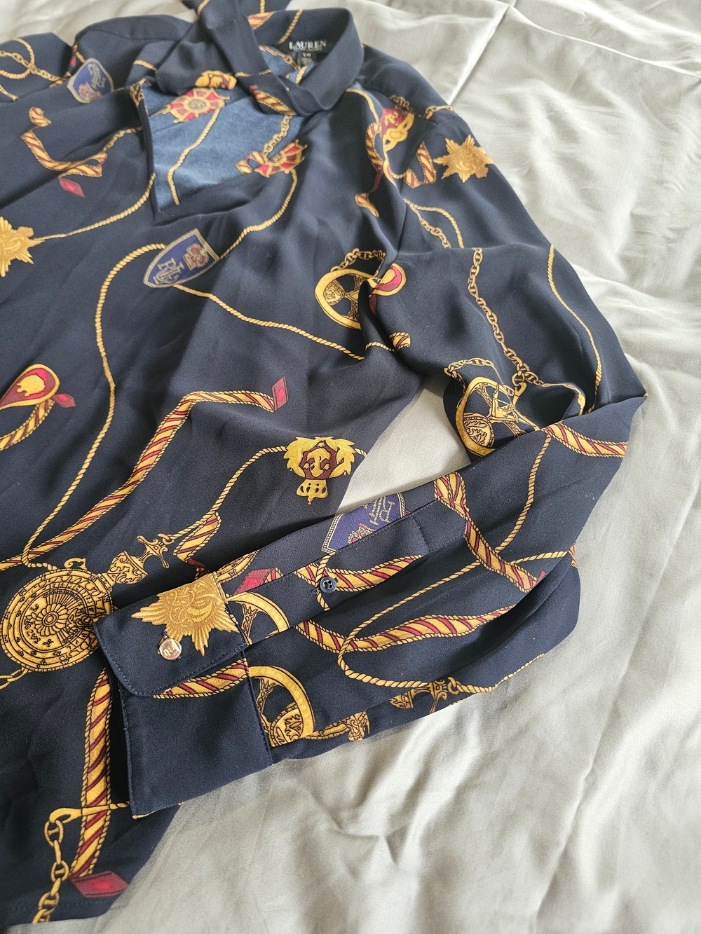 Lauren Ralph Lauren Navy Chain-Print Women's Shirt Size L - Picture 3 of 8